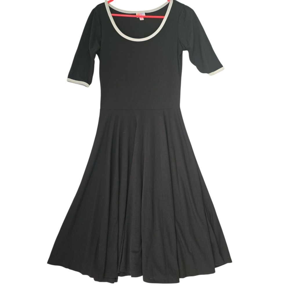 LuLaRoe Nicole Ringer Dress Black White Trim 3/4 Sleeve Fit Flare Size‎ S